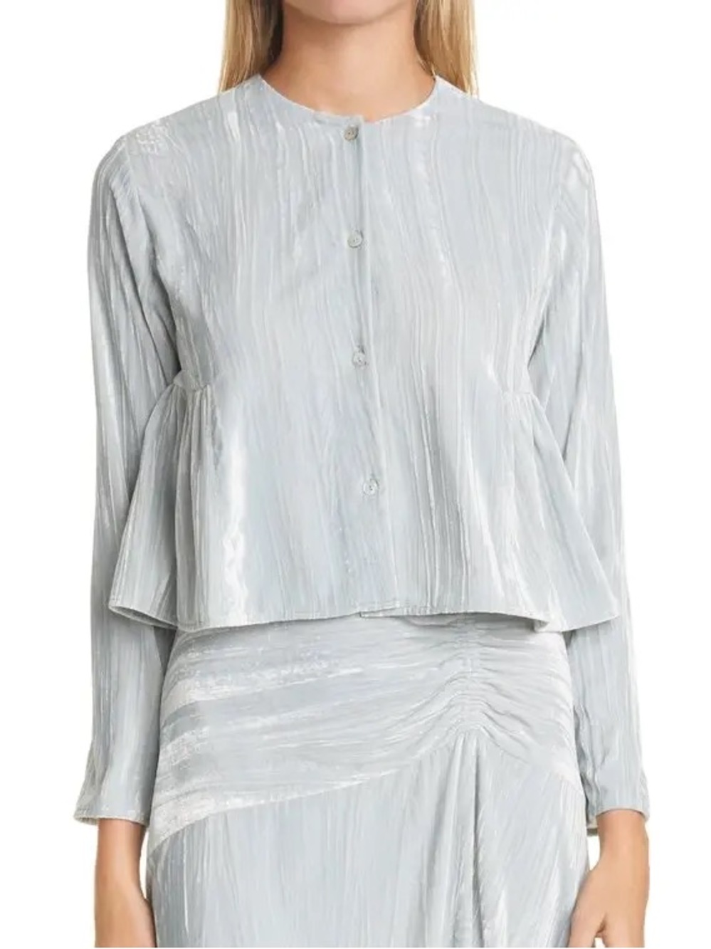 Vince Textured Velvet Sea Glass Blouse Button Up Long Sleeve Size Small 131